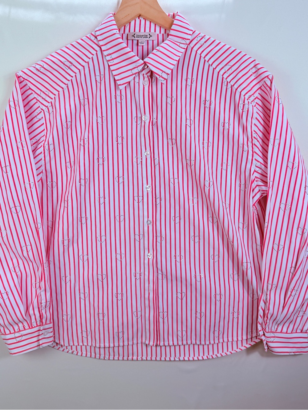 Nanette Lepore Pink Stripe Rhinestone Heart Button Up Shirt Coquette Barbiecore